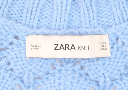 ZARA Women Blue V-Neck Open-Knit Acrylic Jumper Size 8