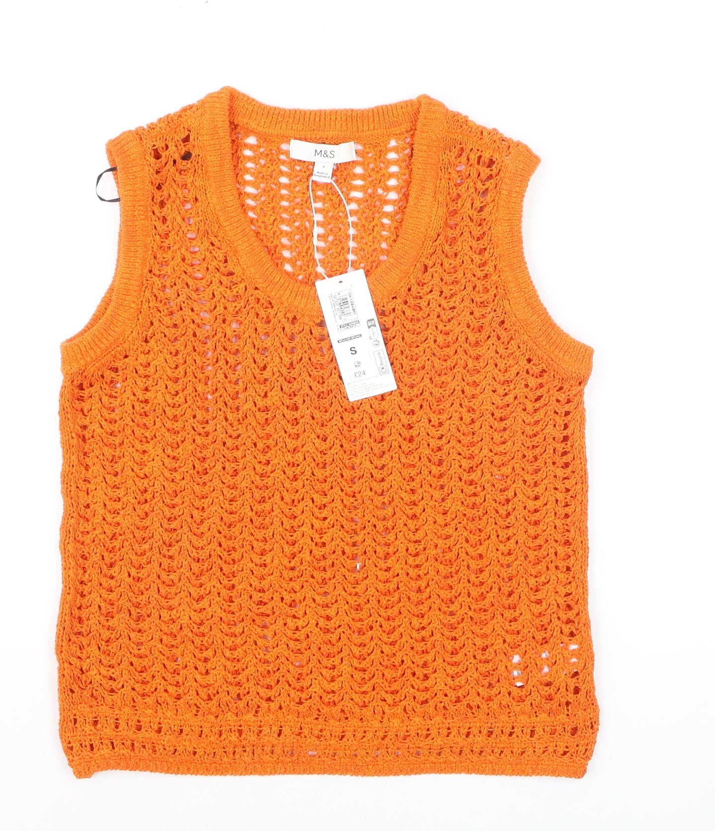 Marks and Spencer Women’s Orange Open Knit Sleeveless V-Neck Vest Jumper Size S