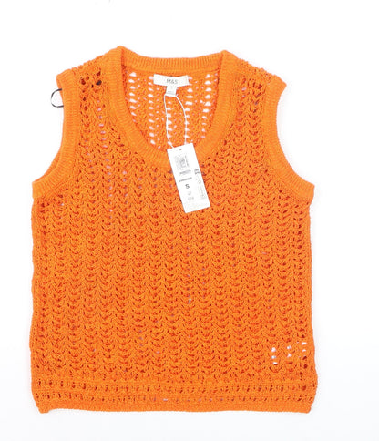 Marks and Spencer Women’s Orange Open Knit Sleeveless V-Neck Vest Jumper Size S