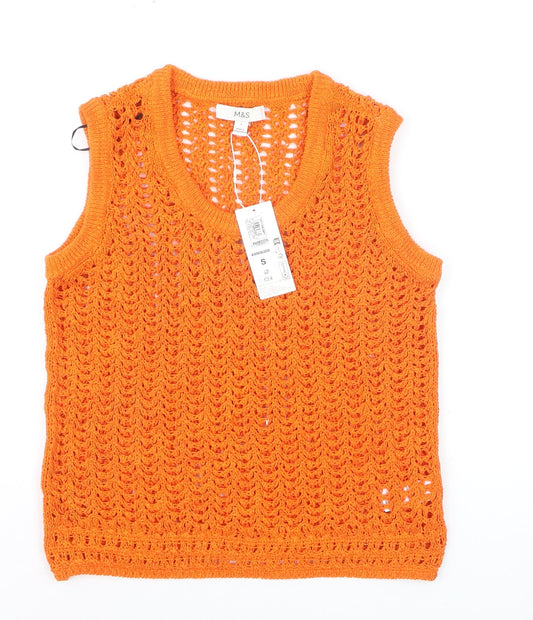 Marks and Spencer Women’s Orange Open Knit Sleeveless V-Neck Vest Jumper Size S