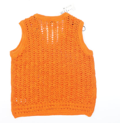 Marks and Spencer Women’s Orange Open Knit Sleeveless V-Neck Vest Jumper Size S