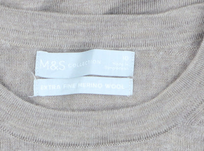Marks and Spencer Women Beige Size 10 Crew Neck Merino Wool Jumper