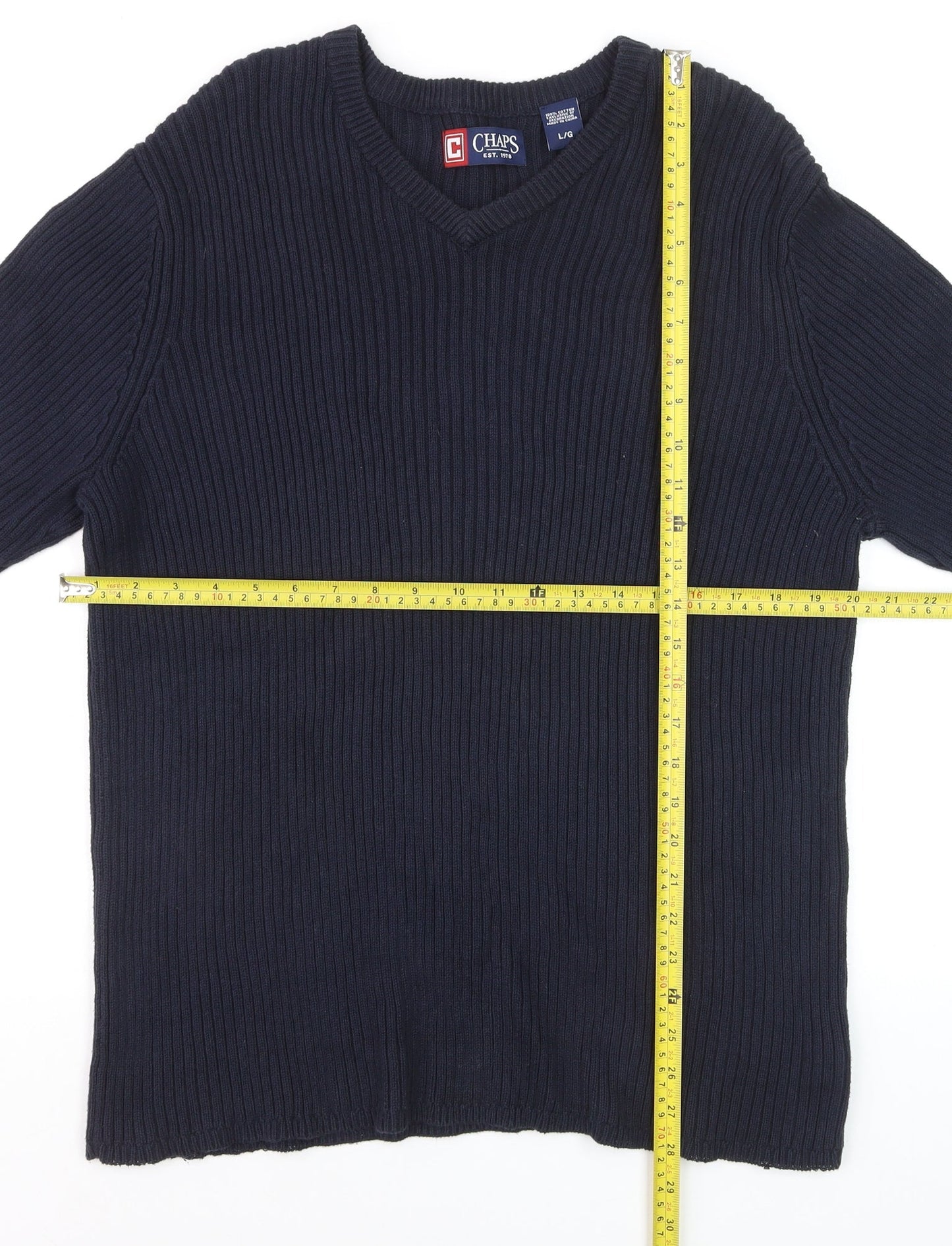 Chaps Men's Blue Cotton V-Neck Knit Jumper Size L