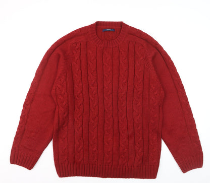 Cortefiel Men Red Cable-Knit Wool Blend Crew Neck Jumper L