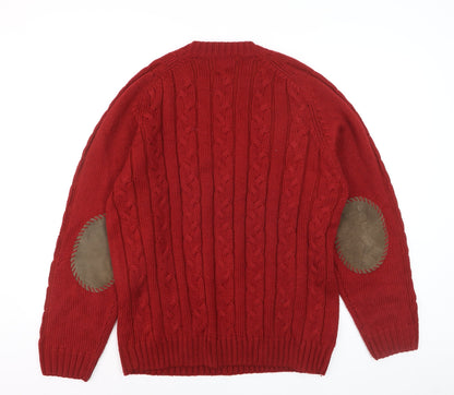 Cortefiel Men Red Cable-Knit Wool Blend Crew Neck Jumper L