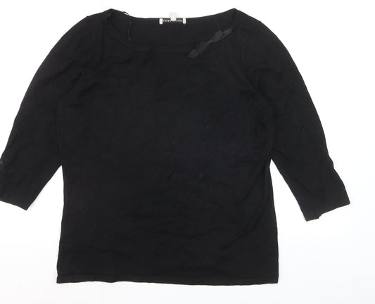 Laura Ashley Women Black Cotton 3/4 Sleeve Bow Pullover Jumper Size 16