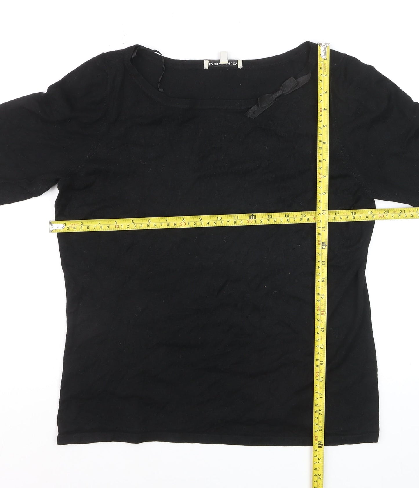 Laura Ashley Women Black Cotton 3/4 Sleeve Bow Pullover Jumper Size 16