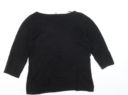 Laura Ashley Women Black Cotton 3/4 Sleeve Bow Pullover Jumper Size 16