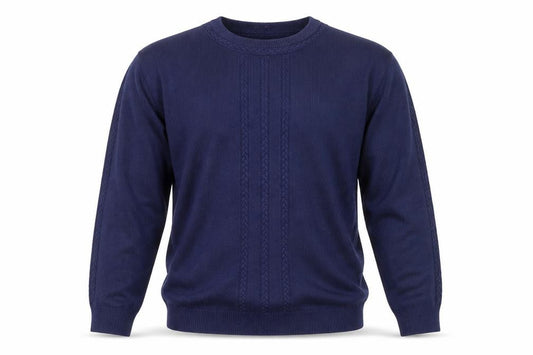 Front view of Principles unisex blue acrylic cable knit crew neck jumper, size S