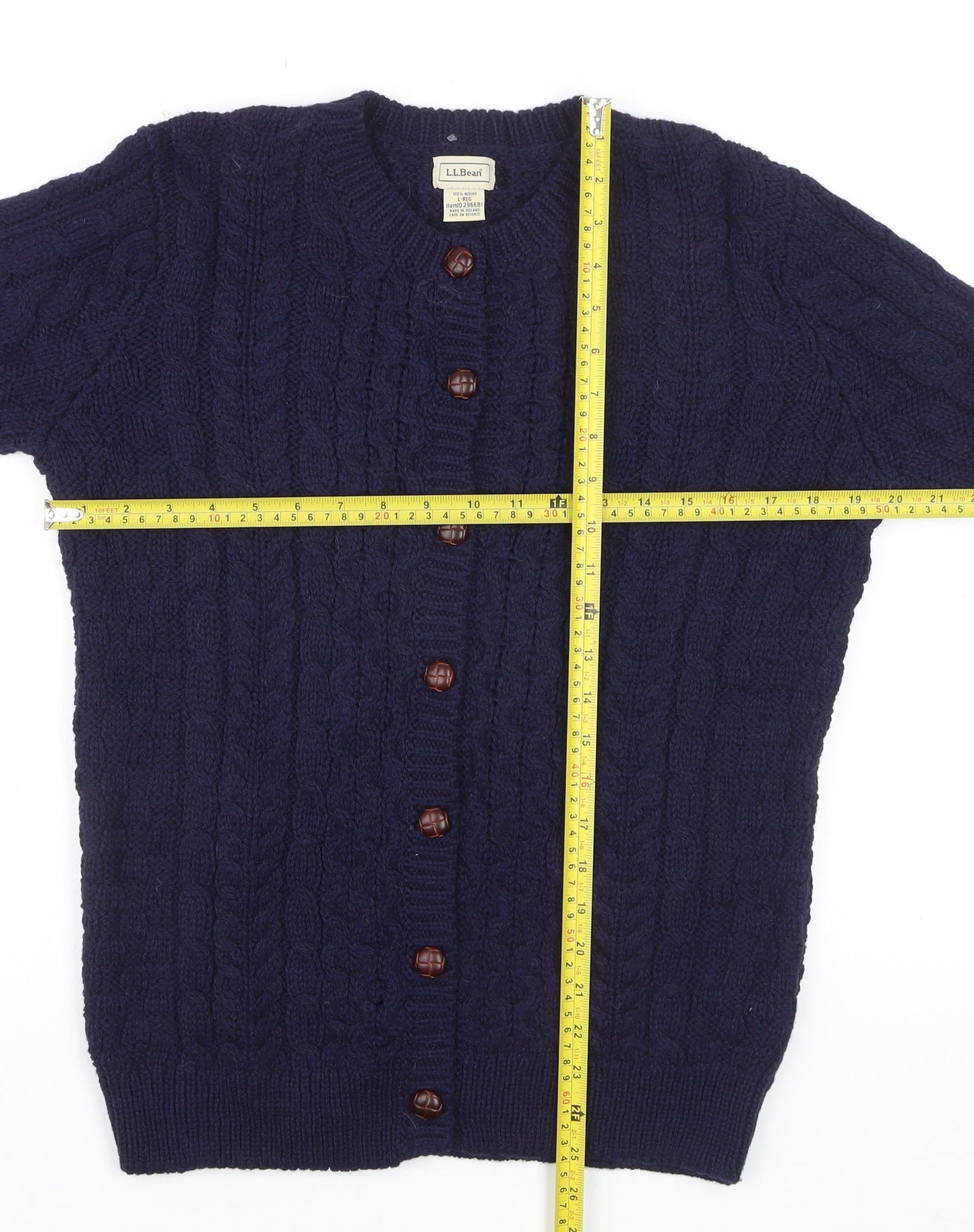 L.L.Bean Men's Blue Cable-Knit Merino Wool Cardigan Size L
