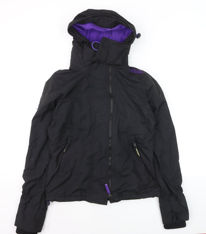 Superdry Women Black Windbreaker Jacket Size 10 Hooded Zip Logo