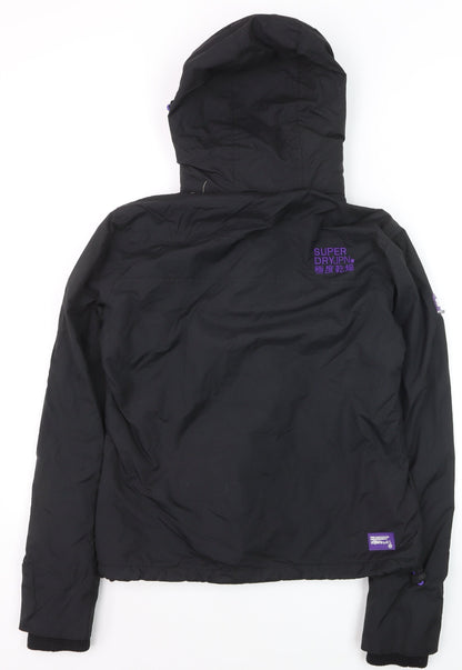 Superdry Women Black Windbreaker Jacket Size 10 Hooded Zip Logo