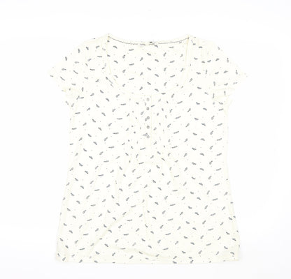 Fat Face Women Ivory Feather Print Button Front T-Shirt Size 12