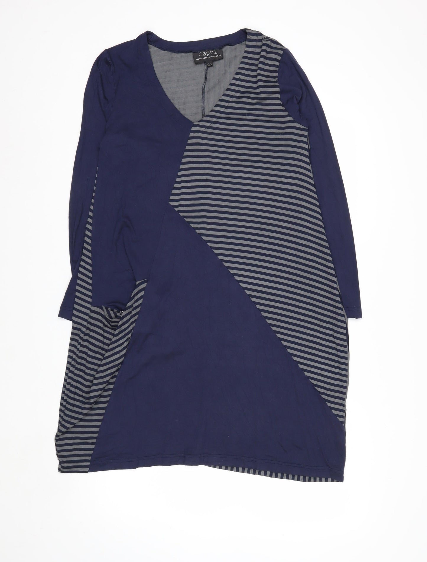 Capri Women Blue Striped V-Neck Long Sleeve Shift Dress XS