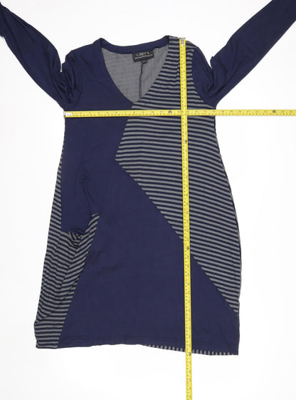 Capri Women Blue Striped V-Neck Long Sleeve Shift Dress XS