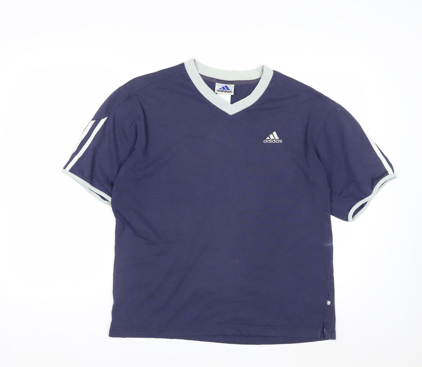 Adidas Men Blue V-Neck Short Sleeve Sports Cotton T-Shirt M