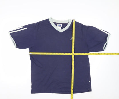 Adidas Men Blue V-Neck Short Sleeve Sports Cotton T-Shirt M