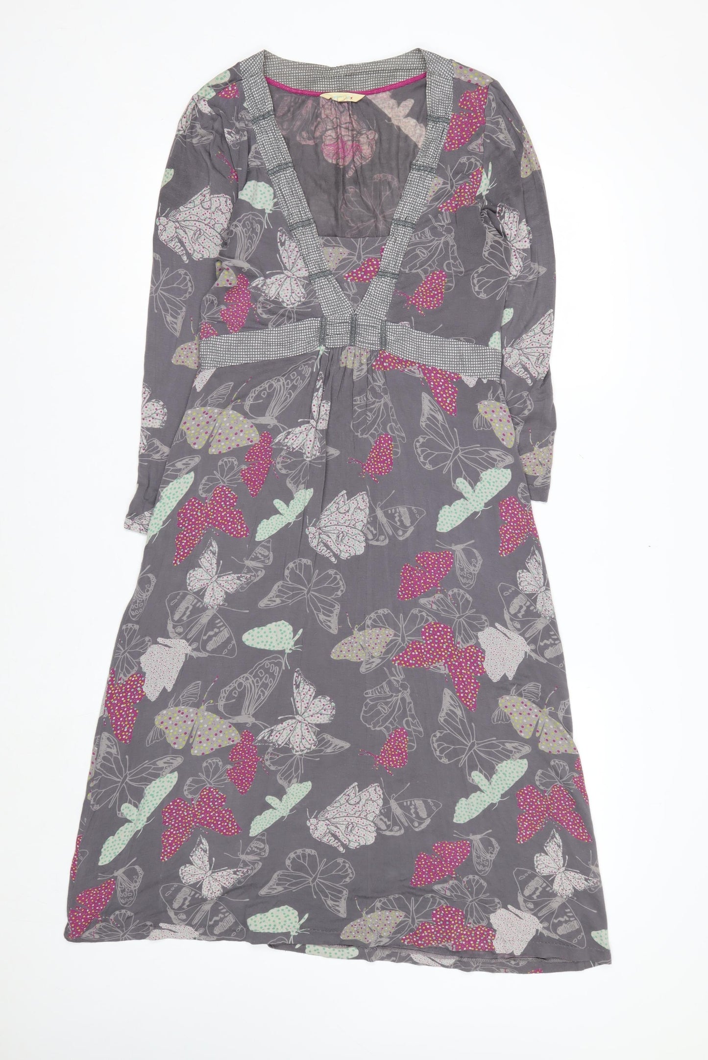 White Stuff Women's Grey Butterfly Print V-Neck Midi Dress Size 10