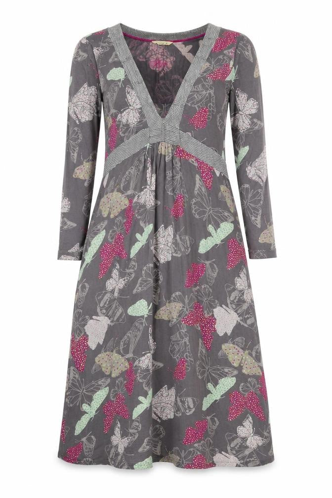 White Stuff Women's Grey Butterfly Print V-Neck Midi Dress Size 10