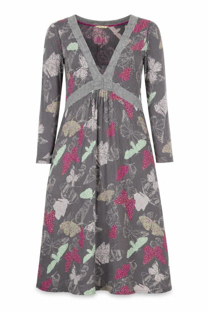 White Stuff Women's Grey Butterfly Print V-Neck Midi Dress Size 10