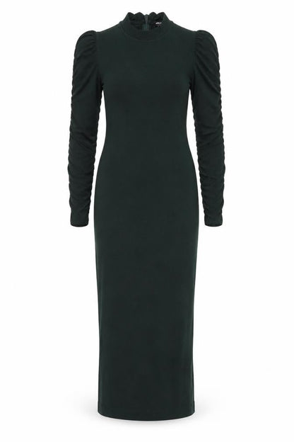 Front view of Whistles Petite Green Bodycon Midi Dress UK 8 Long Sleeve High Neck