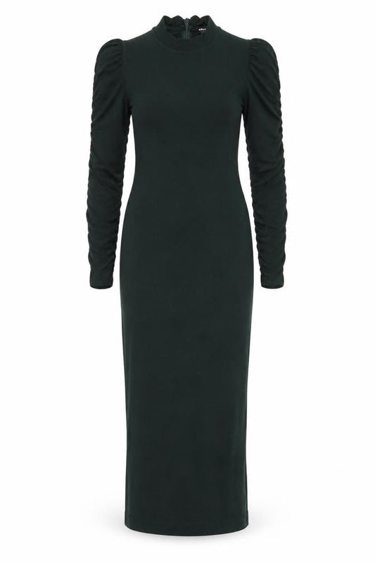 Front view of Whistles Petite Green Bodycon Midi Dress UK 8 Long Sleeve High Neck