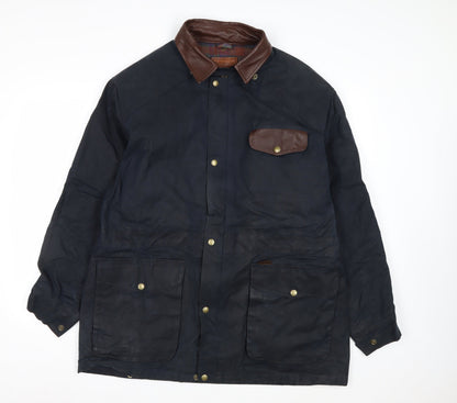 Koolah Men's Blue Waxed Cotton Jacket L Leather Collar Outdoor Style
