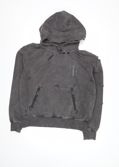 C2H4 Men's Grey Distressed Pullover Hoodie Small Grunge Zip Style