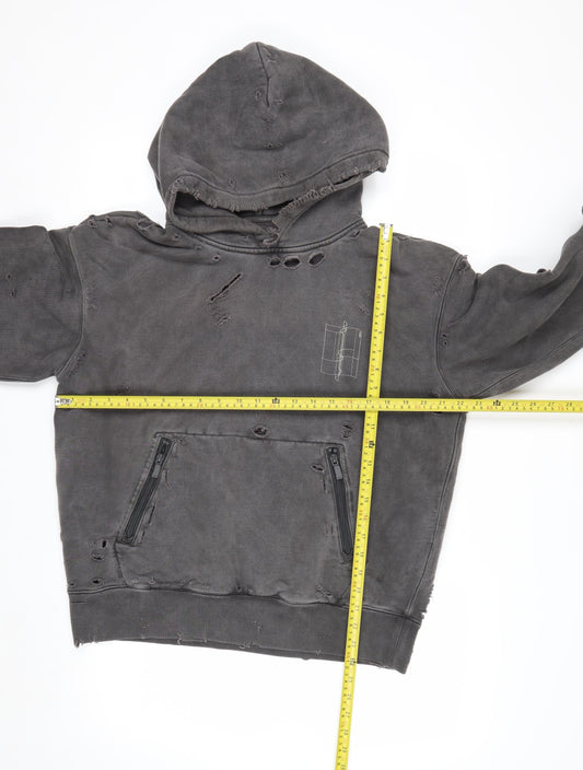 C2H4 Men's Grey Distressed Pullover Hoodie Small Grunge Zip Style