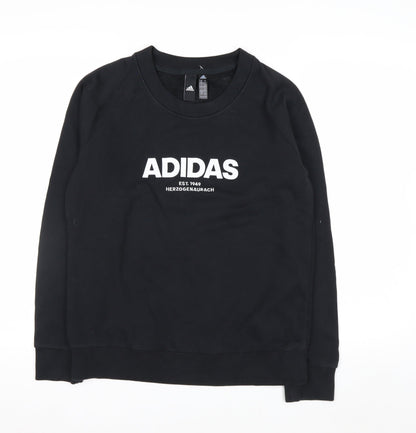 Adidas Women Black Crew Neck Pullover Sweatshirt M 12-14 Logo Print