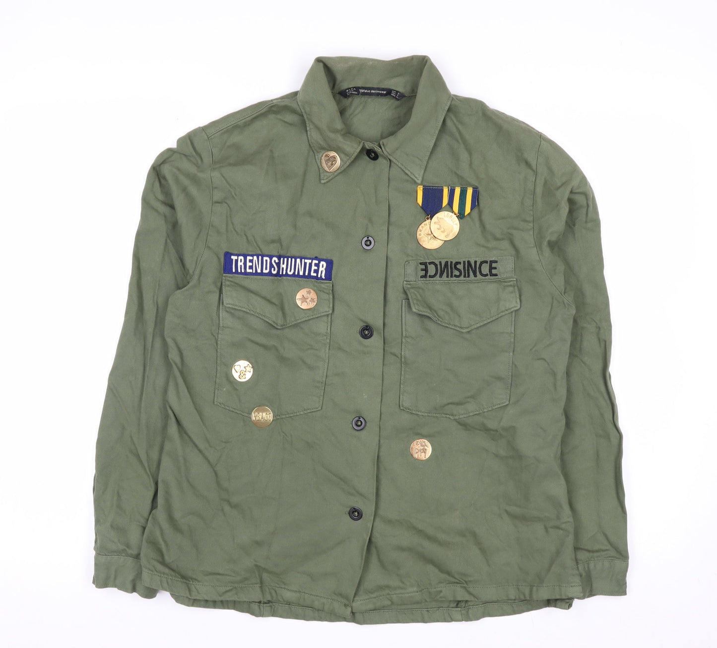 ZARA Women Green Military Button-Up Twill Cotton Shirt Size 8