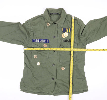 ZARA Women Green Military Button-Up Twill Cotton Shirt Size 8