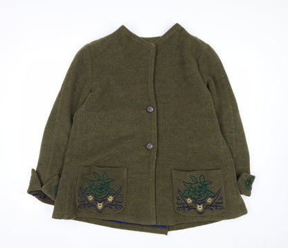 Krizia Women's Green Wool Embroidered Mid-Length Coat Size 14