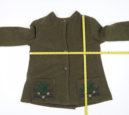 Krizia Women's Green Wool Embroidered Mid-Length Coat Size 14
