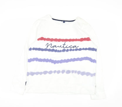 Nautica Women's White Striped Pullover Sweatshirt Size L Cotton Blend
