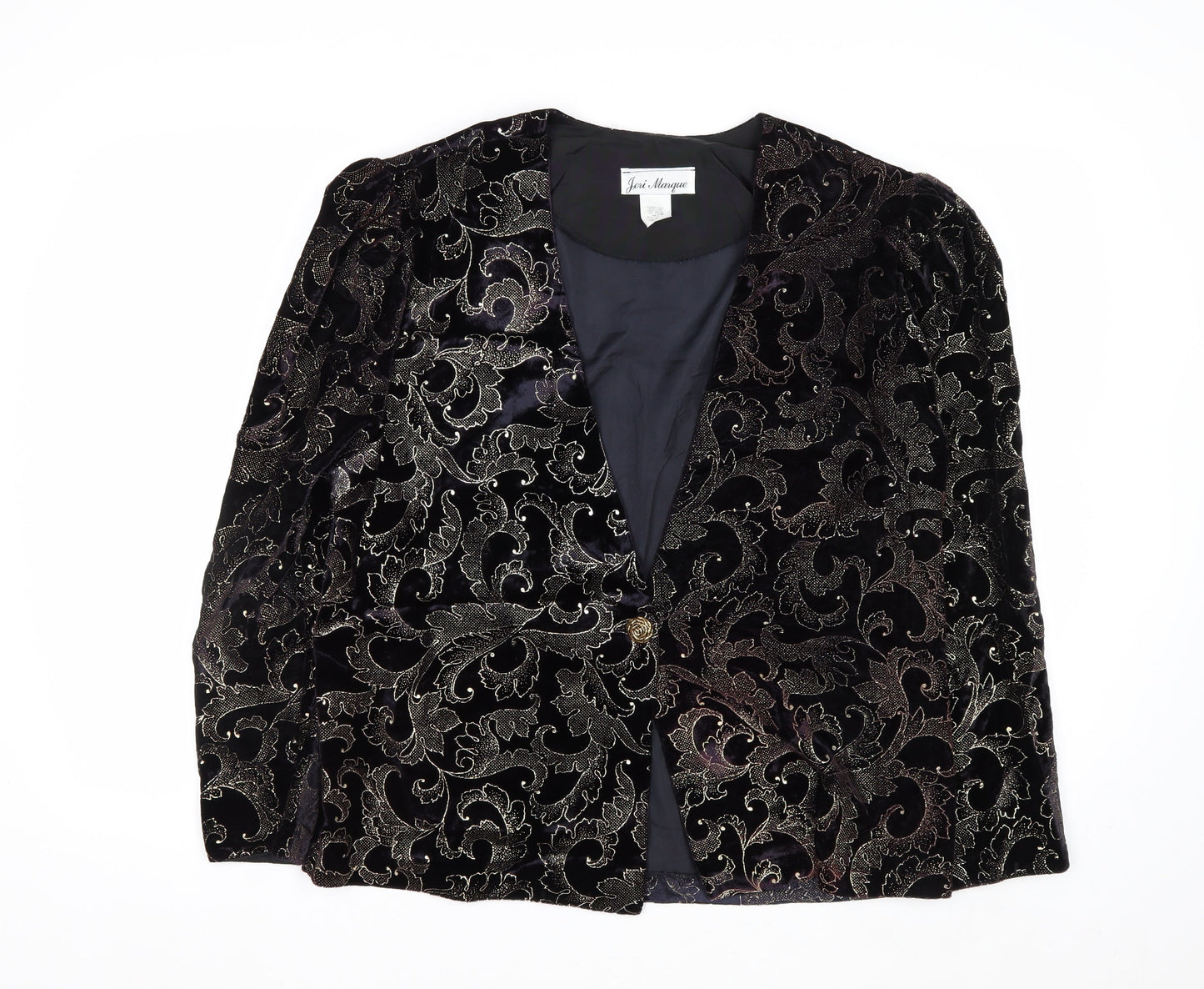 Jeri Marque Womens Black Velvet Metallic Floral Formal Blazer Size 12