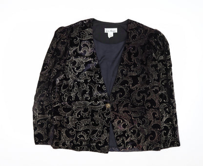 Jeri Marque Womens Black Velvet Metallic Floral Formal Blazer Size 12