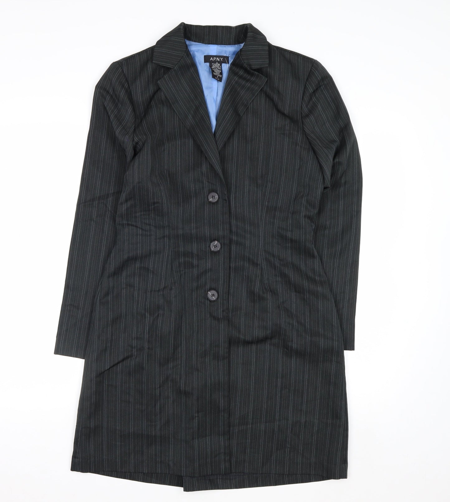 A.P.N.Y. Women Black Pinstripe 3 Button Long Suit Jacket Size 10