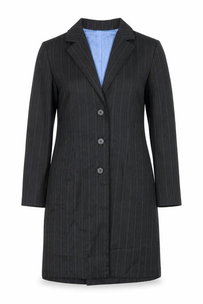 A.P.N.Y. Women Black Pinstripe 3 Button Long Suit Jacket Size 10