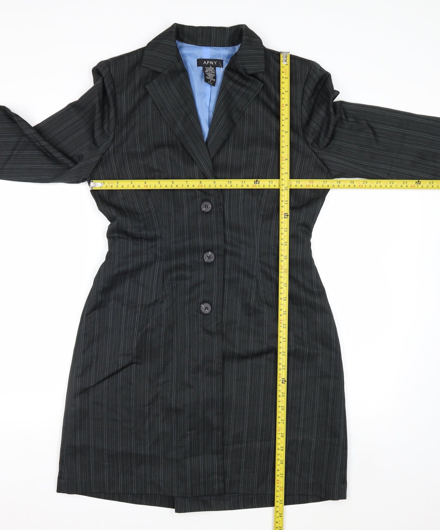 A.P.N.Y. Women Black Pinstripe 3 Button Long Suit Jacket Size 10