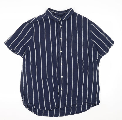 Burton Menswear Blue Striped Linen Blend Short Sleeve Shirt XL