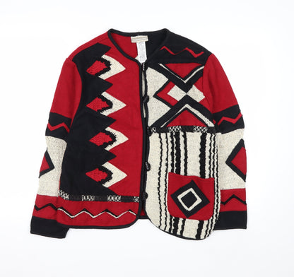 Coldwater Creek Women Red Black Geometric Wool Knit Cardigan M