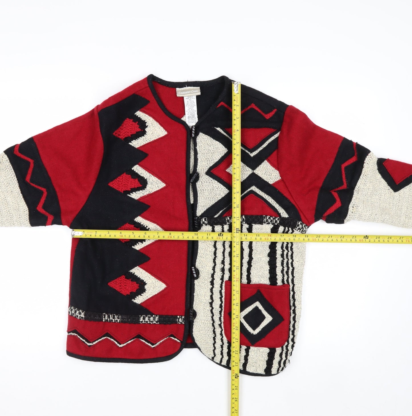Coldwater Creek Women Red Black Geometric Wool Knit Cardigan M