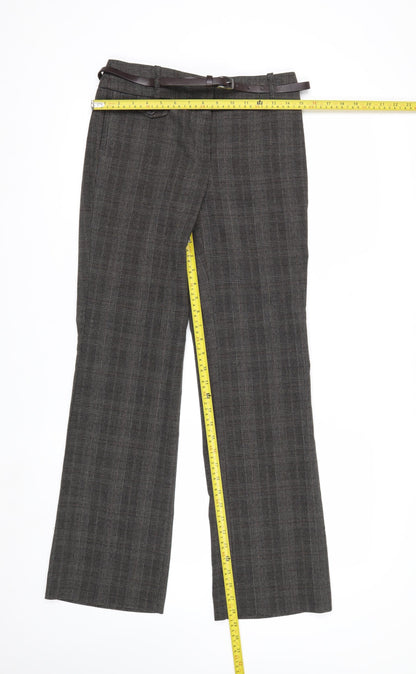 Next Women Grey Check Chino Trousers Size 6R Belted Polyester Blend