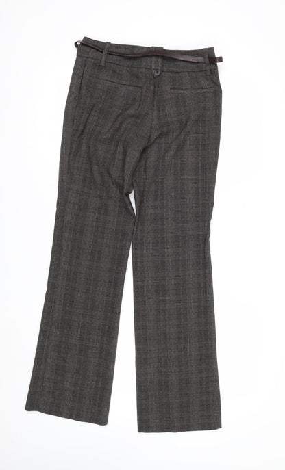 Next Women Grey Check Chino Trousers Size 6R Belted Polyester Blend
