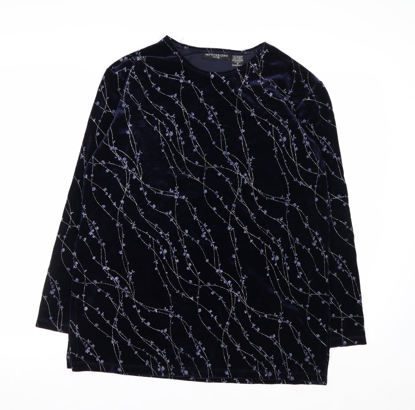 Impressions Lifestyle Women's Blue Velvet Floral Long Sleeve Blouse M