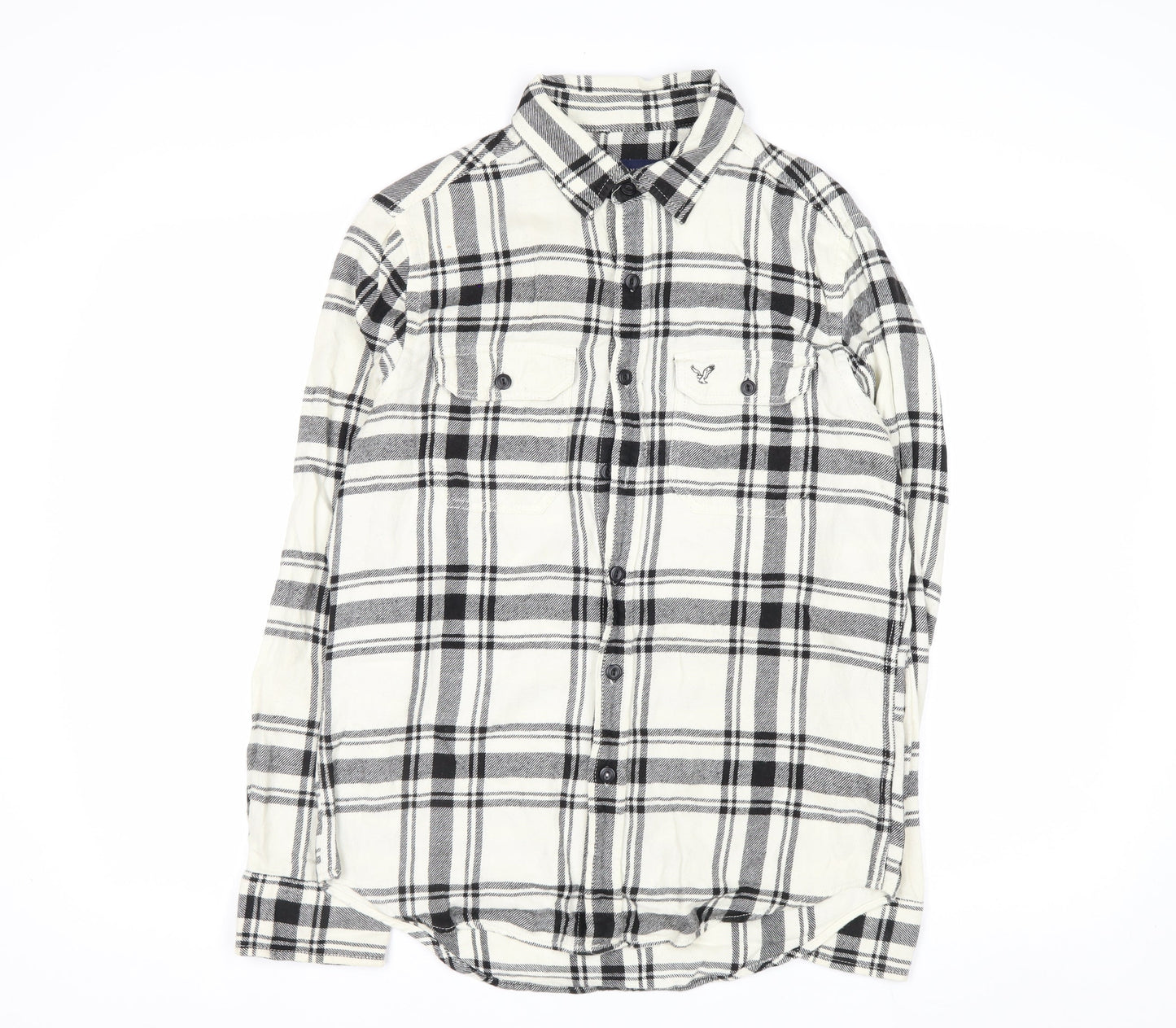American Eagle Outfitters Men's White Check Flannel Button-Up Shirt Size S Athletic Fit