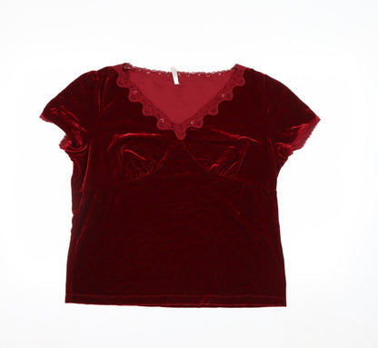 White Stag Women’s Red Velvet Lace V-Neck Short Sleeve Blouse XL