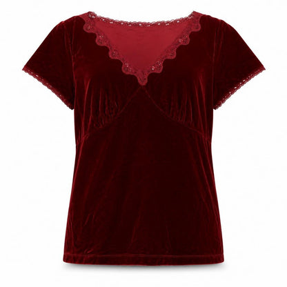 White Stag Women’s Red Velvet Lace V-Neck Short Sleeve Blouse XL