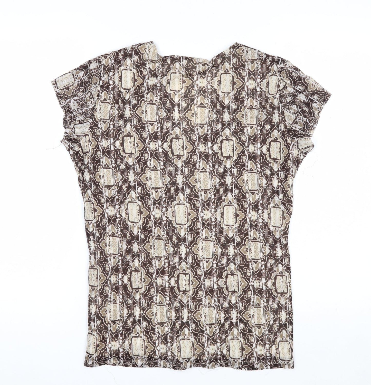 Worthington Women Brown Geometric V-Neck Short Sleeve Tunic Blouse Size L